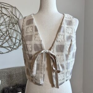 Crochet Lace Tie Front Sleeveless Vest Boho Cottage Coastal Romantic Fairy Top